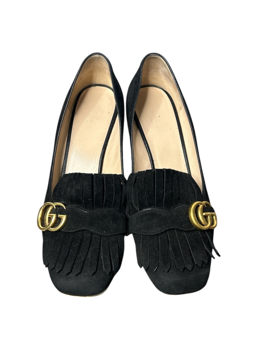 Gucci Marmont Fringe Block Heel Pumps Black Suede Double G Loafers Size 40.5 - Picture 3 of 9
